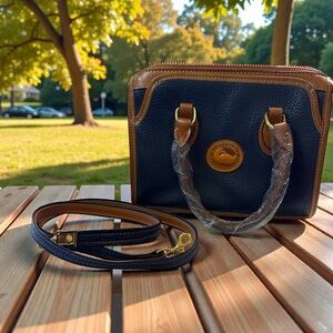 Dooney & Bourke Vintage Navy Pebbled Leather Satchel w/ British Tan Trim